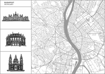 Obraz premium Budapest city map with hand-drawn architecture icons