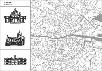 Dublin city map with hand-drawn architecture icons