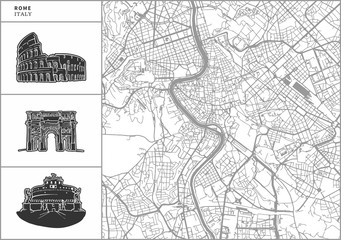 Rome city map with hand-drawn architecture icons