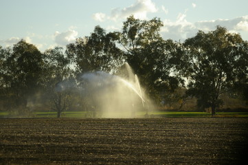 an industrial large water sprinkler spraying water on a farm in rural New South Wales, Australia