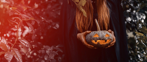 Witch holding pumpkin carved halloween horror concept, evil wicked at dark forest web banner with copy space the left.