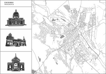 Chisinau city map with hand-drawn architecture icons