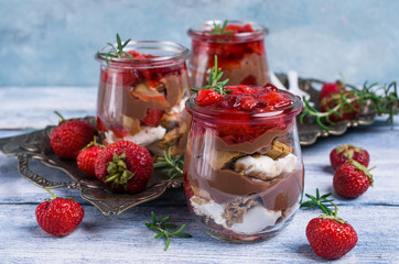 Cold dessert with strawberry jelly