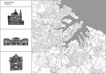 Valletta city map with hand-drawn architecture icons