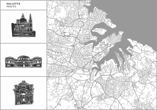 Valletta city map with hand-drawn architecture icons