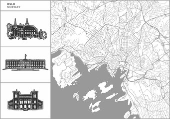 Oslo city map with hand-drawn architecture icons - obrazy, fototapety, plakaty