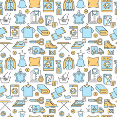 Dry cleaning, laundry blue seamless pattern with line icons. Laundromat service equipment, washing machine, clothing shoe and leaher repair, garment ironing and steaming. Background for launderette.