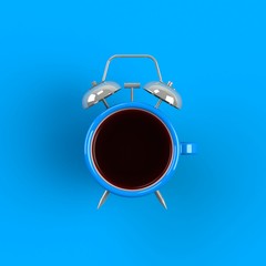 Alarm clock and coffee concept illustration isolated on blue background, Top view with copy space, 3d rendering