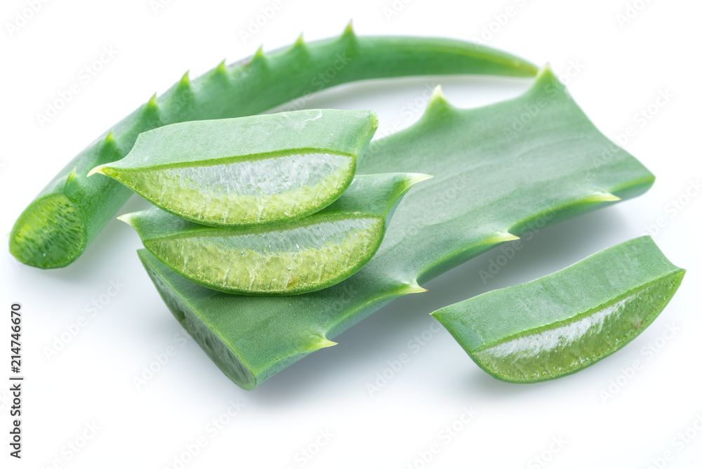 Wall mural Aloe or Aloe vera fresh leaves and slices on white background.