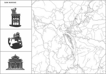 San Marino city map with hand-drawn architecture icons