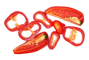 Fresh red bell pepper slices isolated on white background, top view