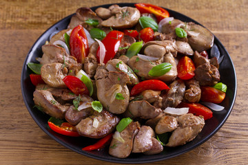 Chicken liver with plum cherry tomatoes, onion and basil
