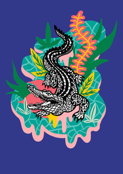 Crocodile with shapes on blue background