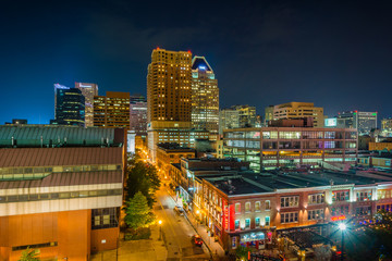 View of downtown Baltimore at night, in Maryland