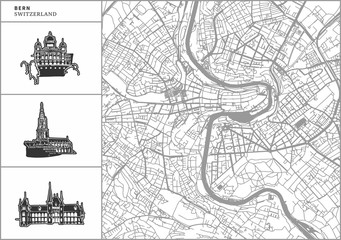 Bern city map with hand-drawn architecture icons