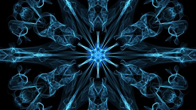 White and blue fractal square ornament on black background. Slow calming motion, blue rays in middle of composition, 4k video