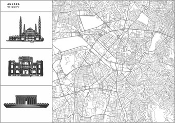 Ankara city map with hand-drawn architecture icons