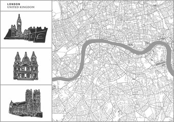 London city map with hand-drawn architecture icons