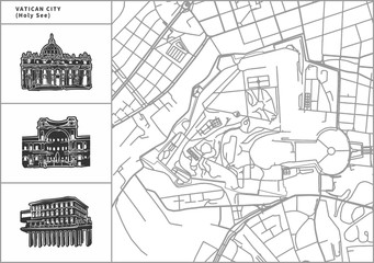 Vatican city map with hand-drawn architecture icons