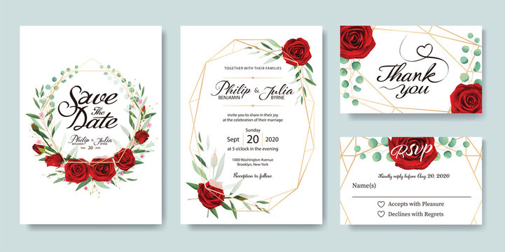 Wedding Invitation, save the date, thank you, RSVP card Design template. Vector. Summer flower, red rose, silver dollar, olive leaves, Wax flower.