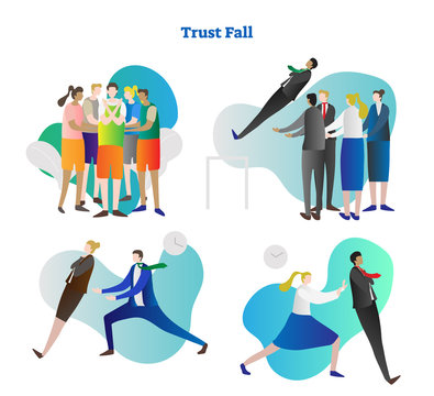 Trust Fall Vector Illustration Collection Set. Various Kinds Of Relying Exercise. Team Building And Colleague Cooperation In People Group. Personality Growth In Danger.