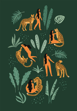 Be wild. Vector illustrations of woman with leopard and tropical leaves.