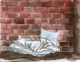 Social problem of homelessness - watercolor hand-drawn illustration of a bum's bed on the street, a blanket and a pillow on the pavement