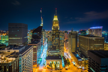 Fototapeta na wymiar View of downtown at night in Baltimore, Maryland