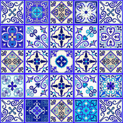 Portuguese tiles seamless pattern vector with blue and white ornaments. Talavera, azulejo, mexican, spanish or arabic motifs.