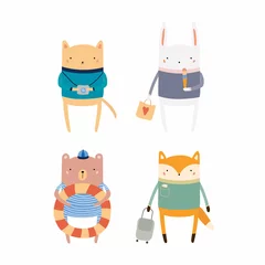 Keuken spatwand met foto Set of cute funny animals on summer holidays. Isolated objects. Hand drawn vector illustration. Scandinavian style flat design. Concept for children print. © Maria Skrigan