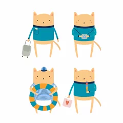 Sierkussen Hand drawn vector illustration of cute funny cat on summer holidays. Isolated objects. Scandinavian style flat design. Concept for children print. © Maria Skrigan