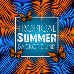 Tropical summer background with exotic neon bright colorful leaves with text space.