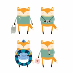 Zelfklevend Fotobehang Hand drawn vector illustration of cute funny fox on summer holidays. Isolated objects. Scandinavian style flat design. Concept for children print. © Maria Skrigan