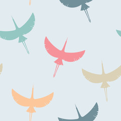 Crane bird2/The colorful seamless pattern of flying cranes on a gray background.