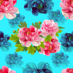 Peonies  and leaves on the blue  background.  Romantic garden flowers illustration.Seamless pattern
