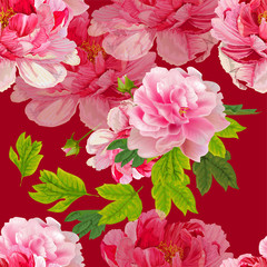 Seamless floral pattern,Peonies  and leaves on th red  background.  Romantic garden flowers illustration.