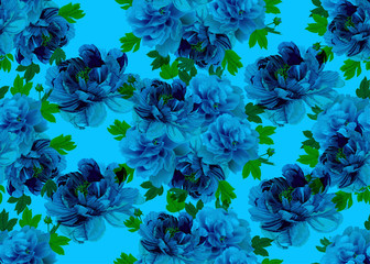 Seamless floral pattern,Peonies  and leaves on the  blue  background.  Romantic garden flowers illustration.