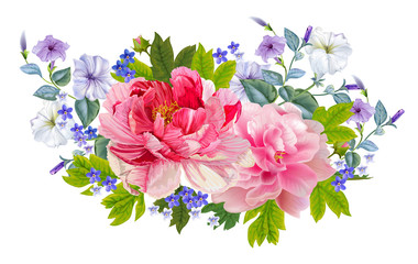 Peonies  and leaves on  background.  Romantic garden flowers illustration.