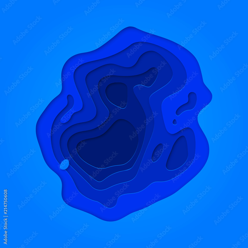 Poster Water blue papercut with multi layer cutout geometric pattern on vector blue color gradient paper cut background