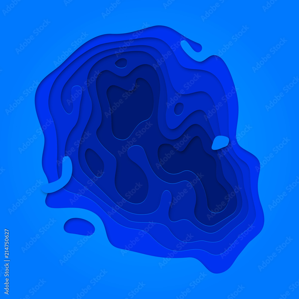 Poster Papercut geometric water blue pattern. Vector blue color gradient background with topography multi layers texture