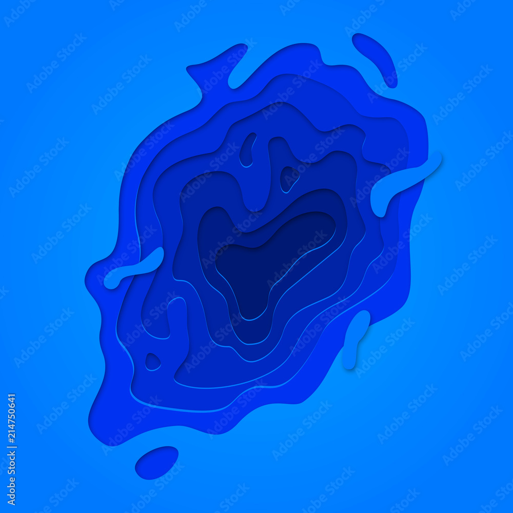 Poster Papercut geometric water blue 3D multi layer pattern. Vector paper cut color gradient and geometric cut out background