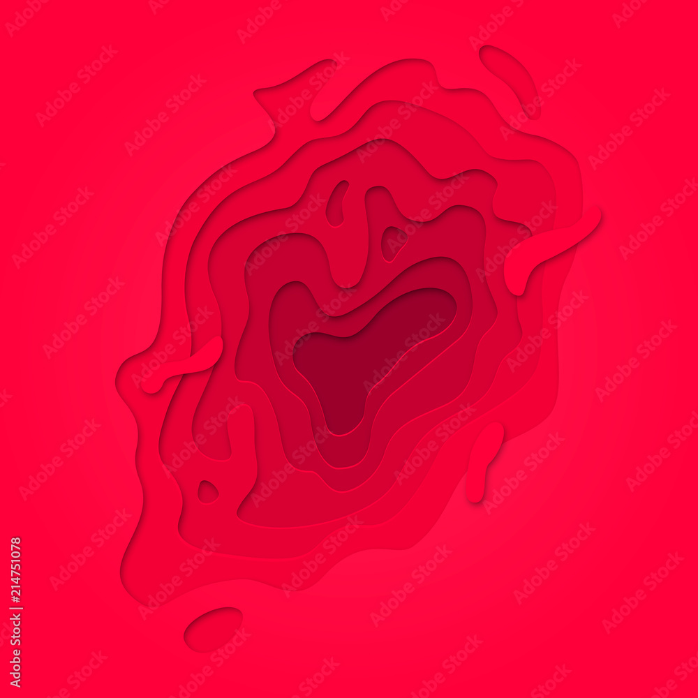 Poster Red Papercut geometric topography pattern on red pink 3D multi layer background with geometric purple liquid gradient