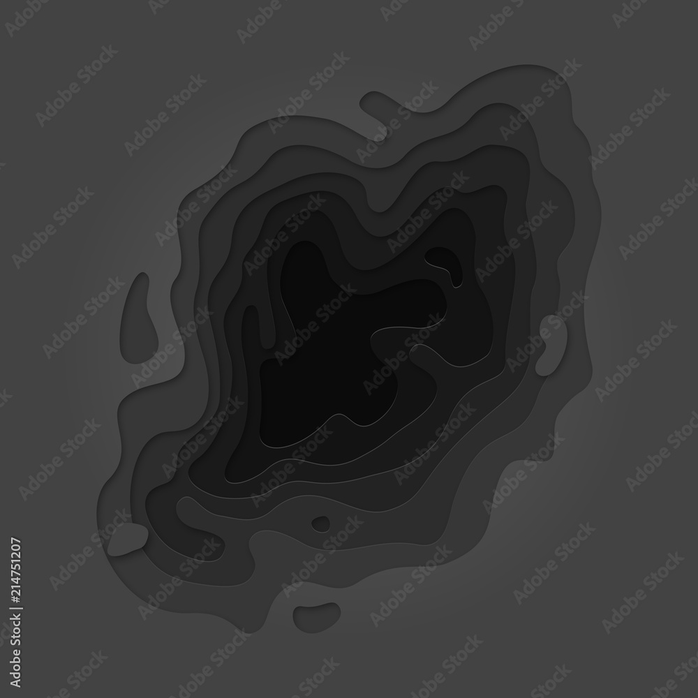 Poster Abstract papercut and multi layer cutout geometric black pattern on vector dark gray color gradient paper cut background