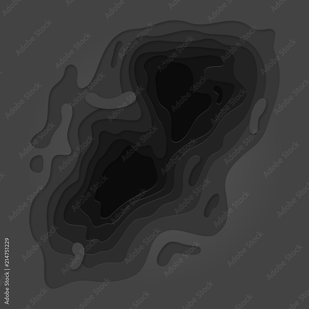 Aufkleber Papercut geometric dark gray pattern. Vector black color gradient background with topography multi layers texture