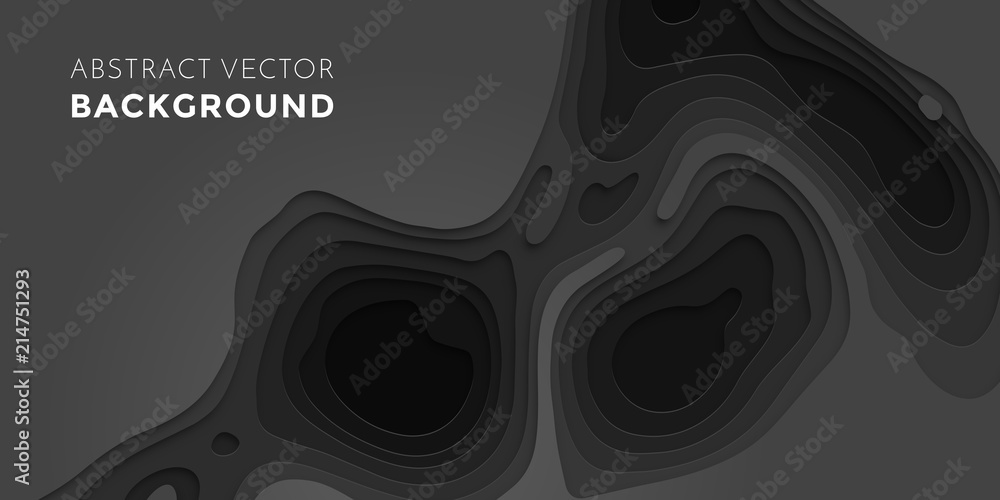 Poster Papercut geometric black pattern background or liquid 3D cutout with dark gray color multi layer for web banner or poster design