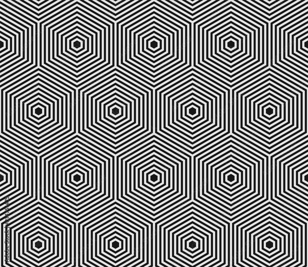 Poster Abstract geometric Bauhaus trend pattern. Vector background of seamless hexagon mosaic white and black grid lines with rhombus wireframe pattern