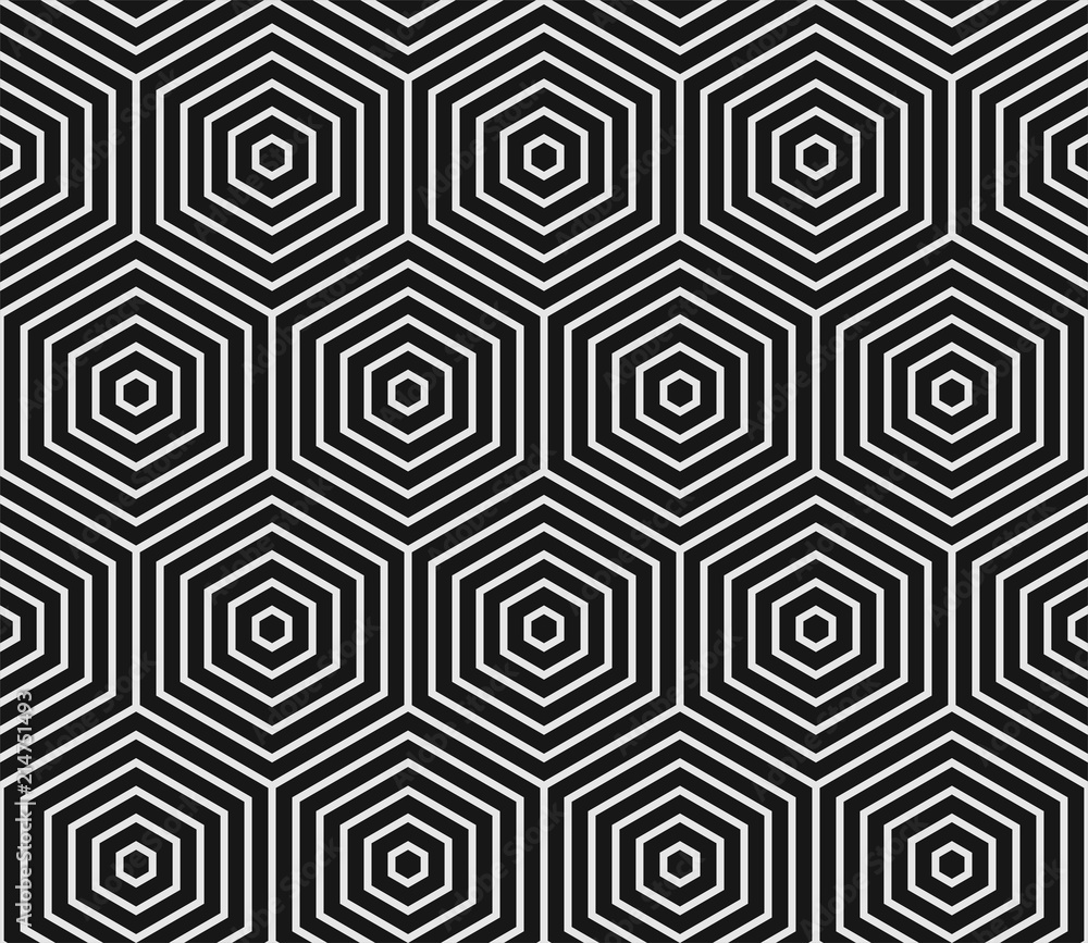 Poster Abstract geometric pattern of seamless white hexagon mosaic grid. Vector black Bauhaus background of honeycomb wireframe pattern