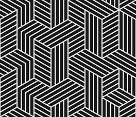 Gordijnen Abstract geometrisch patroon op vector zwarte achtergrond met naadloze witte mozaïek rasterlijnen patroon © Ron Dale
