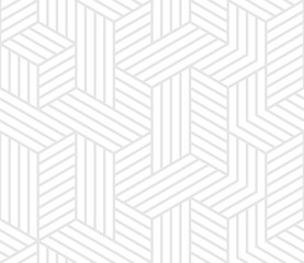 Abstract geometric lines and cubes 3D pattern. Vector background with seamless white and gray mosaic grid lines pattern