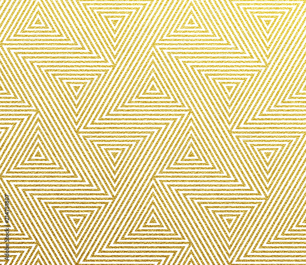 Poster Geometric pattern of golden glittery seamless triangle mosaic grid lines. Vector abstract gold foil texture with pattern